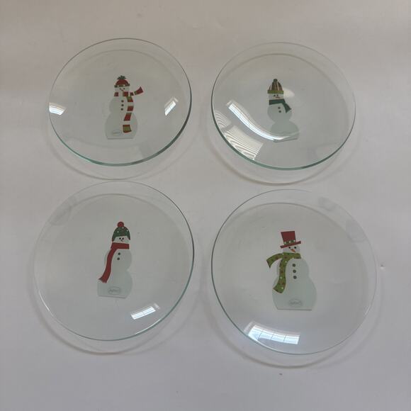 NIB Pampered Chef Set of 4 Glass Snowmen Round Appetizer Plates Christmas‎ - Picture 2 of 10